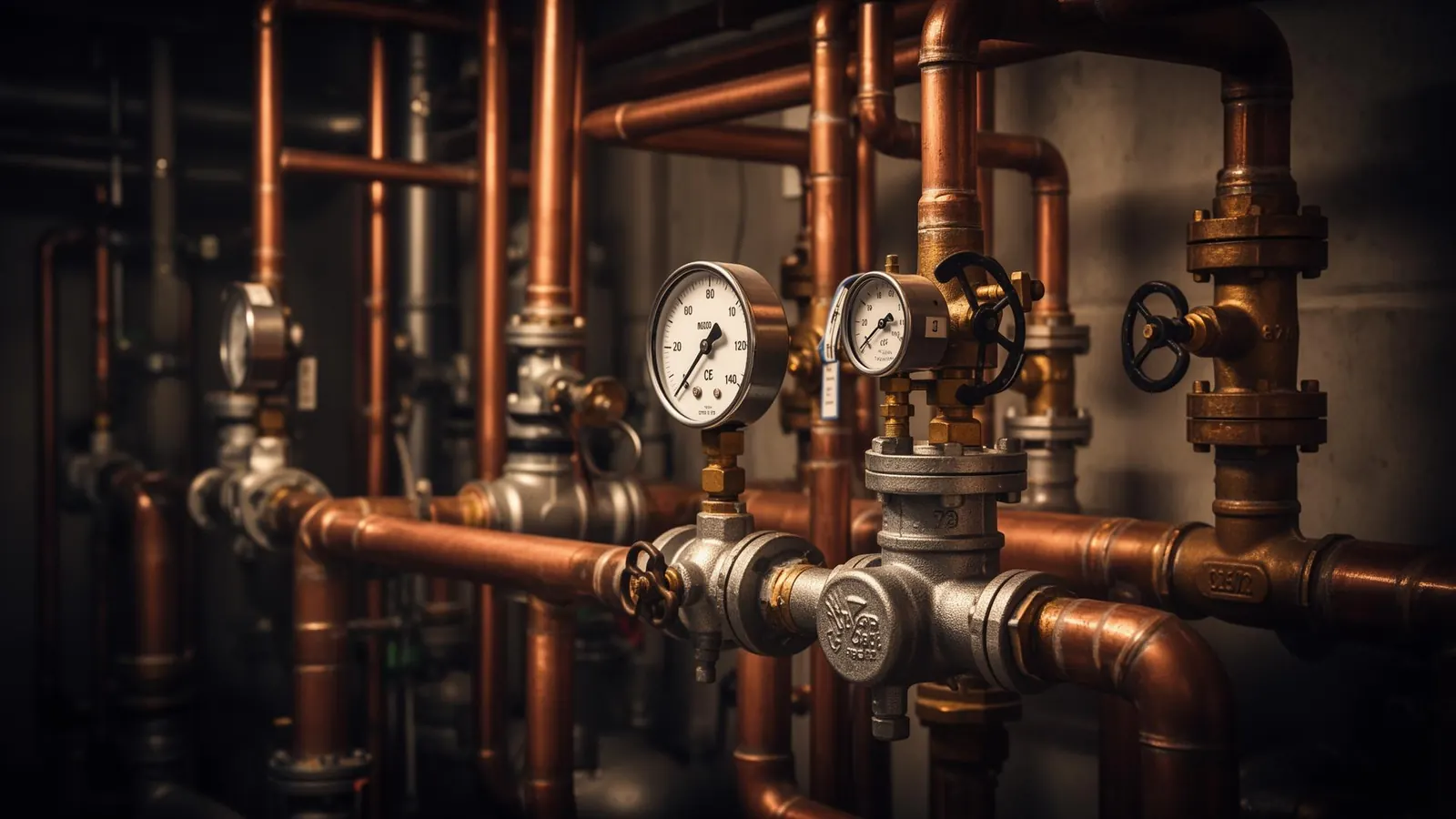 Professional plumber working on copper piping system